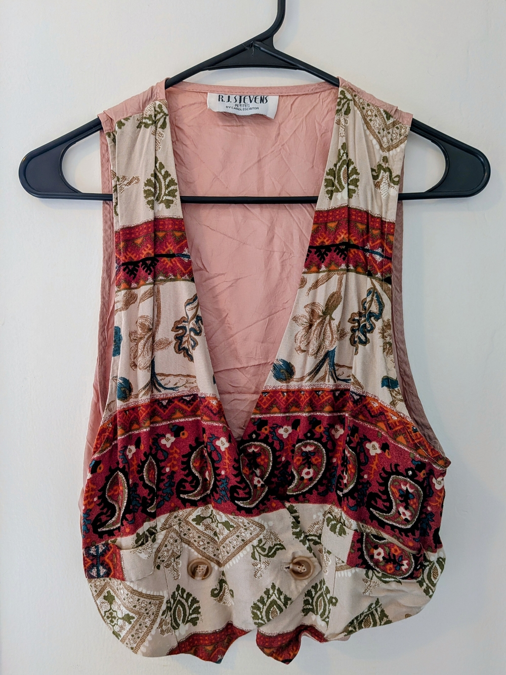 Vintage R.J. Stevens Pink Boho Print Sleeveless Vest Petite By Carol Escritor